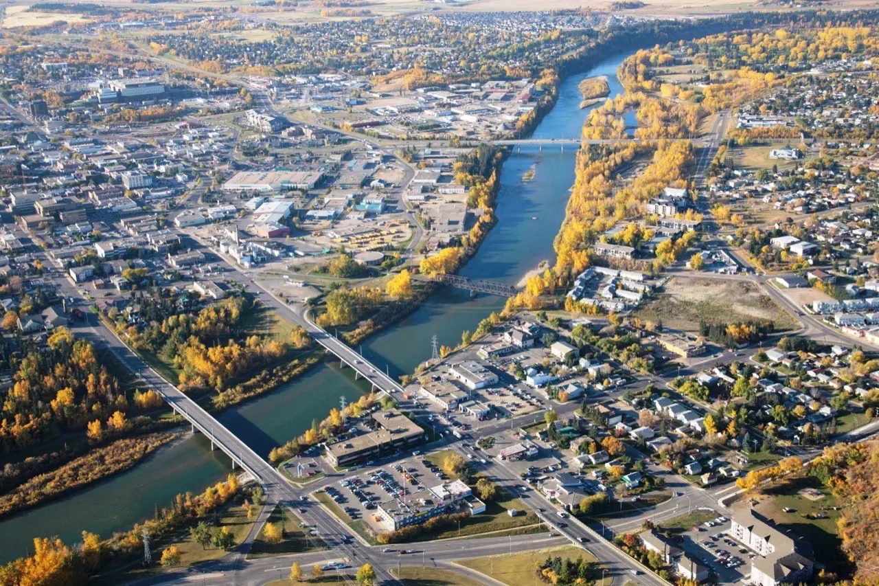 Aerial view of Red Deer, Alberta with Red Deer River and bridges — crowd control services in Red Deer